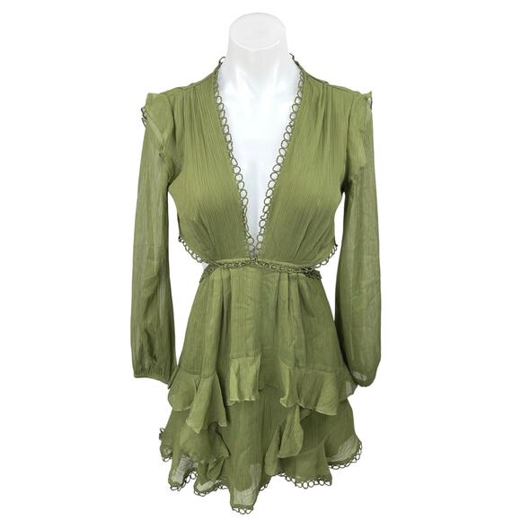 ASOS Design Green V-Neck Cutout Back Long Sleeve Ruffle Mini Fit & Flare Dress 6 - Picture 1 of 5